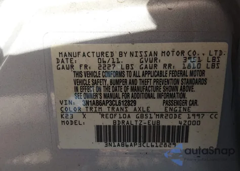 2012 Nissan Sentra 2.0 Sr z USA, uszkodzony, nr VIN 3N1AB6AP3CL612829